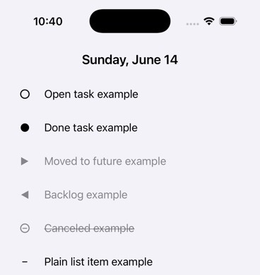 Close crop of the rivene daily log showing every entry state option, including struck-through canceled text.